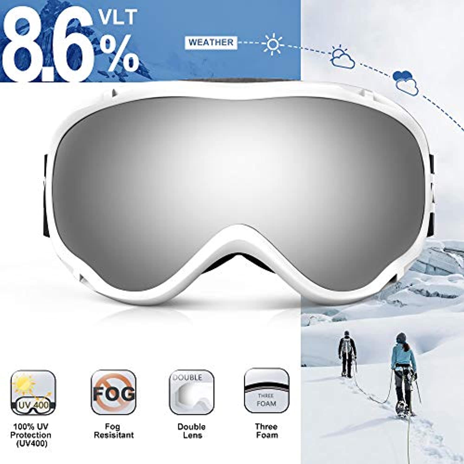 ZIONOR Lagopus B1 Ski Goggles OTG Anti fog Snow Goggles UV Protection  Snowboard Goggles for Men Women Adult Youth